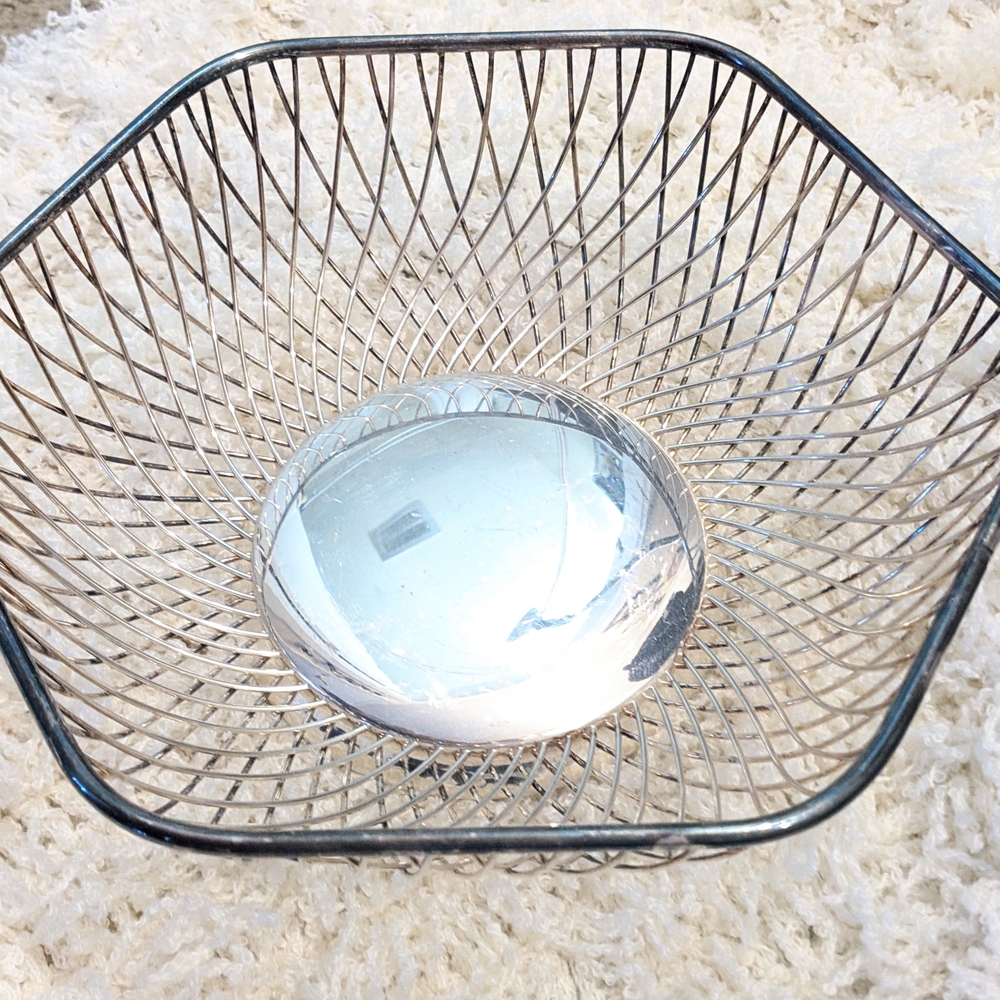 MCM Silver Plated Wire Fruit Bread Basket Bowl Dish 1960s Hexagon Vintage
